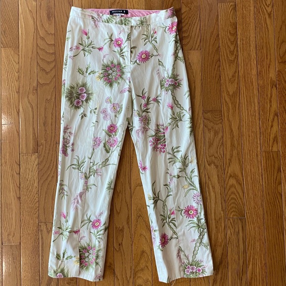 William B Pants - Vintage Y2K William B Floral Straight Leg Trousers Silk Trim Ankle Slit Size 2 4